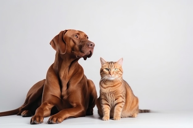 Foto hauskatze, die auf dem schoß eines braunen hundes liegt, der auf einer weißen oberfläche sitzt