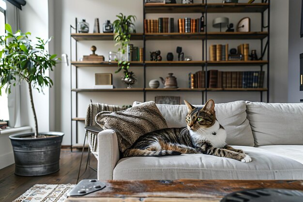 Foto hauskatze im gemütlichen, zeitgenössischen wohnzimmer im vintage-stil