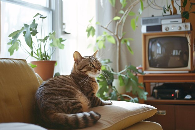 Foto hauskatze im gemütlichen, zeitgenössischen wohnzimmer im vintage-stil