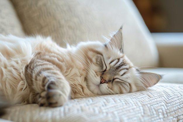 Hauskatze schläft friedlich auf der Couch bei weichem Naturlicht