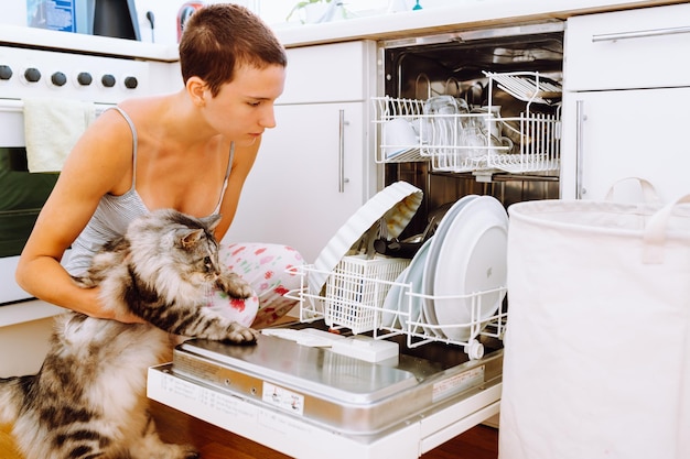 Hauskatze und Tochter, die Hausarbeit machen, stellen Geschirr in die Spülmaschine