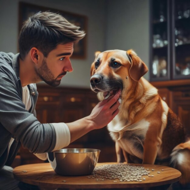 Hausleben mit Haustier Fütterung hungriger Labrador Retriever Der Besitzer gibt seinem Hund eine Schüssel Granulaten