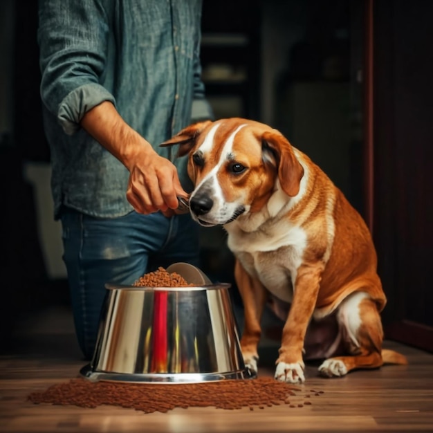 Hausleben mit Haustier Fütterung hungriger Labrador Retriever Der Besitzer gibt seinem Hund eine Schüssel Granulaten