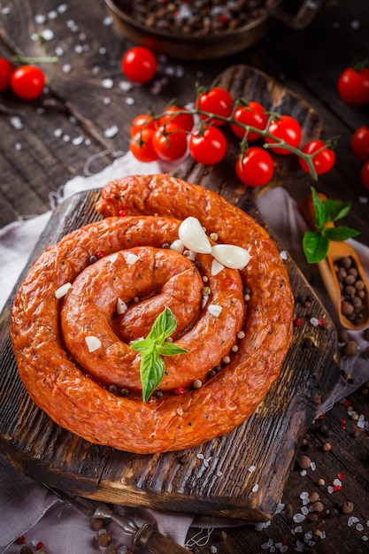 Hausmannskost, geräucherte Wurst abgerundet mit Gewürzen und Kirschtomaten, auf einem Küchenschneidebrett,