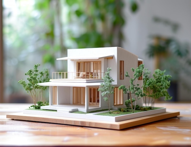 Hausmodell auf einem Holztisch, Konzept für kleine Häuser
