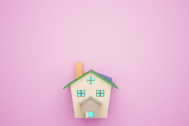 Hausmodell auf rosa Hintergrund, Wiedergabe von 3D-Illustrationen
