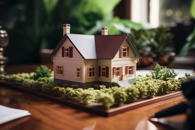 Hausmodell mit grüner Pflanze auf Holztisch Immobilienkonzept