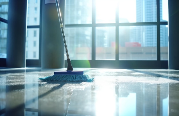 Hausreinigung in der Stadt mit blauem Mopp auf Glas