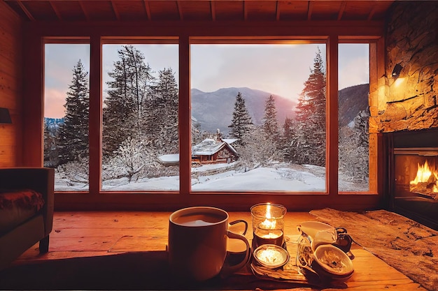 Hausterrasse mit Tee und Kerzen mit Blick auf das Schneehaus im Wald