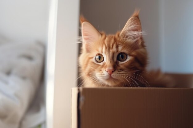 Haustier adoptierte Katze in einem neuen Zuhause sitzt in einer Handwerksbox sonniges Tageslicht in der Nähe des Fensters mit Kopierraum Generative KI