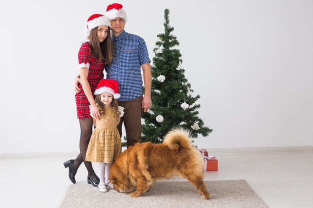 Haustier, Feiertage und festliches Konzept - Familie mit Hund steht in der Nähe des Weihnachtsbaums.