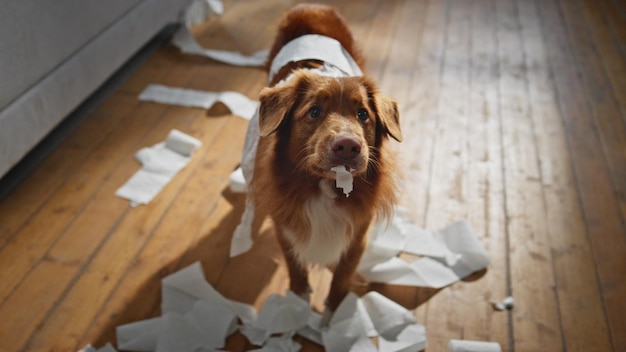 Haustier isst Toilettenpapier in der Wohnung, ungehorsam, flauschiger Hund macht Unordnung.
