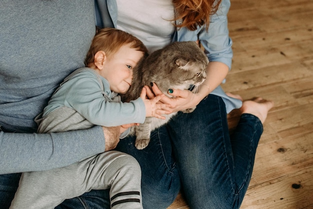 Haustier Katze spielen Kind Familie Haus Freunde