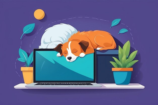 Haustier schläft neben Laptop Vektor gemütliche Flachstil-Illustration