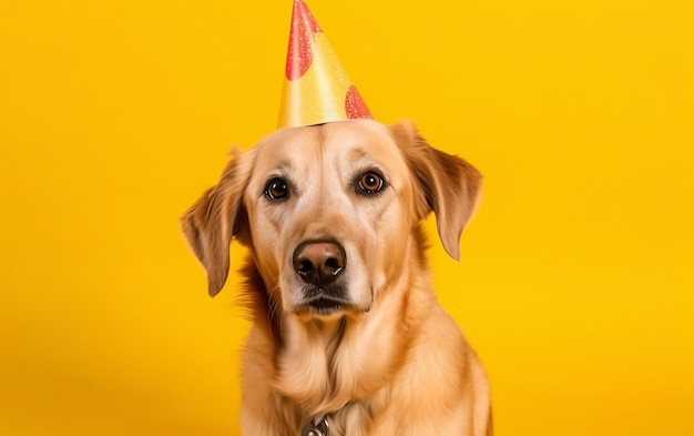 Haustierhund in einer Geburtstagskappe, die einen Hut auf einem generativen ai des gelben Hintergrundes trägt