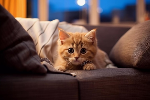 Haustierkonzept: süßes Kätzchen, das mit seinen Spielsachen im Wohnzimmer spielt, Kätzchen mit lustigem Look