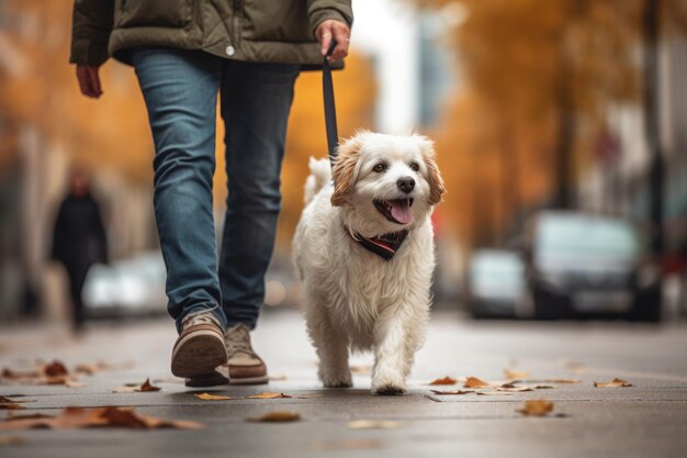 Haustierpflegehund geht mit nicht wiedererkennbarem Besitzer auf dem Fußgängerüberweg der Stadt spazieren. KI-generiert