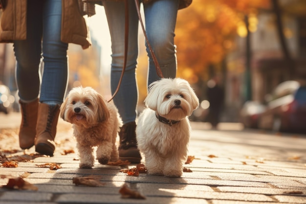 Haustierpflegehunde gehen mit nicht wiederzuerkennendem Besitzer auf dem Fußgängerüberweg der Stadt im Sommer an einem sonnigen Tag spazieren AI Generat