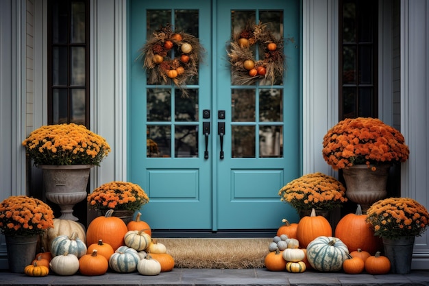 Haustür mit herbstlichen Kürbissen und Herbstdekorationen