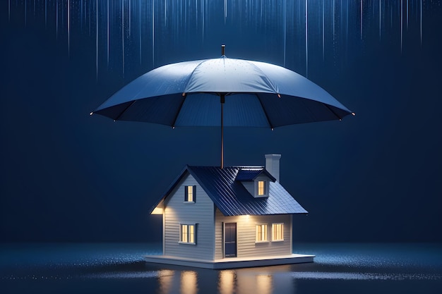 Hauswasserdichtung Konzept Haus unter einem Regenschirm auf einem minimalistischen Hintergrund.