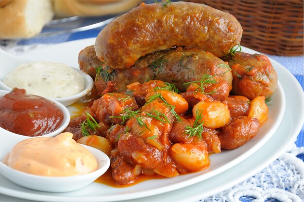 Hauswurst mit Bohnen, Zwiebeln und Karotten in Tomatensauce