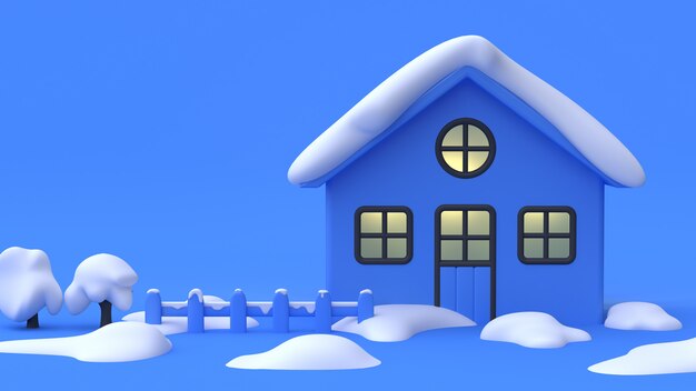 Hauszaun viel Schnee blauen 3d der Szene, das abstrakten minimalen Karikaturart-Naturwinter überträgt