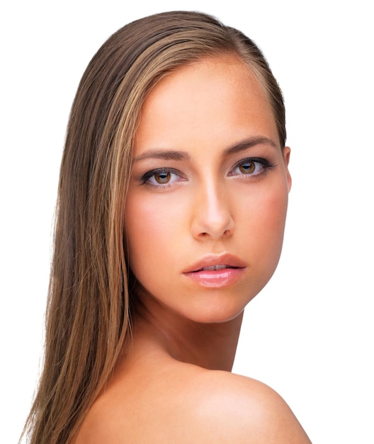 Hautpflege, Haarpflege und Porträt einer Frau Glüh oder Glanz isoliert auf weißem Studio-Hintergrund Gesichtskosmetik und Frisur eines ernsthaften Models im Salon für Gesichtsmake-up Friseur oder Schönheitsbehandlung