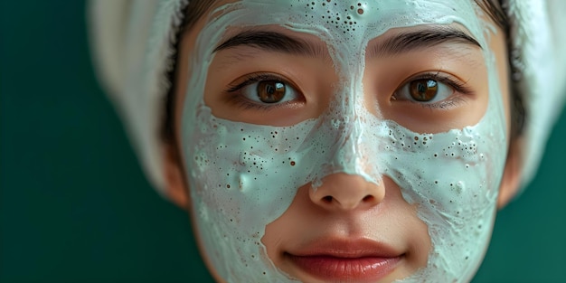 Hautpflege-Routine-Konzept Asiatische Frau mit Gesichtsmaske auf grünem Hintergrund-Konzept Schönheit Hautpflege Asiatisch-Face-Maske Grüner Hintergrund