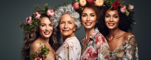 Hautpflege, Schönheit, lächelnde Frauen unterschiedlichen Alters, Make-up und Kosmetika