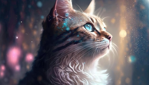 Havana Brown Cat Medium Shot White Pink Blue Magical Fantasy Bokeh Generative AI