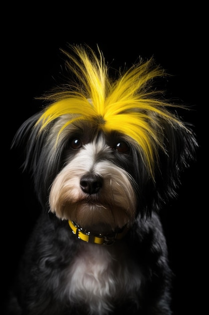 Havanese com um moicano amarelo na cabeça em um fundo preto