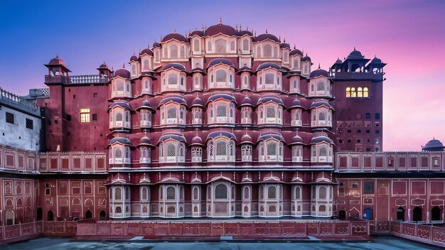 Foto hawa mahal ou o palácio dos ventos vista da fachada noturna de jaipur índia