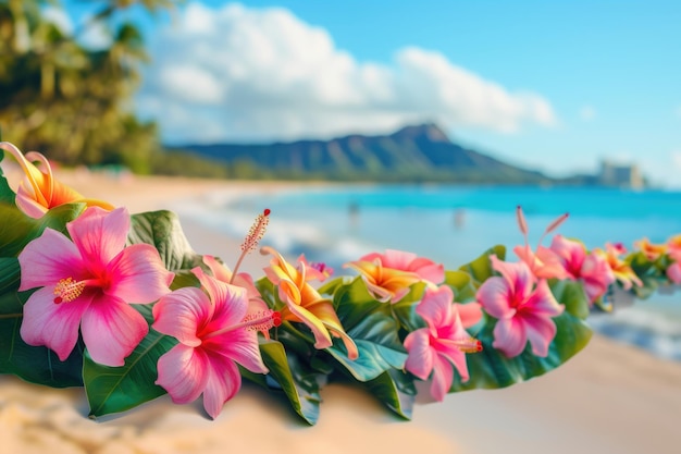 Hawaii-Hintergrund hawaiianische Blume Lei mit Waikiki-Strandlandschaft