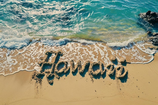 Hawaii in den Sand auf einem Strand geschrieben hawaiianischer Tourismus und Urlaub Hintergrund