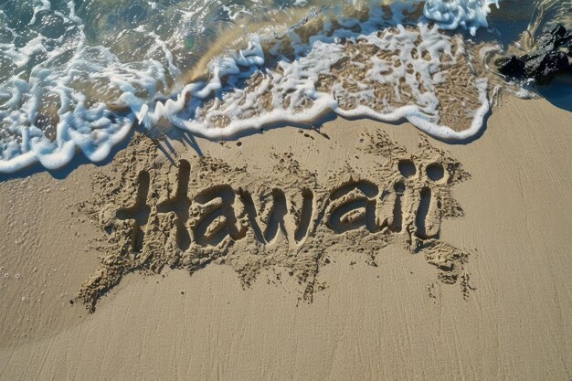 Hawaii in den Sand auf einem Strand geschrieben hawaiianischer Tourismus und Urlaub Hintergrund