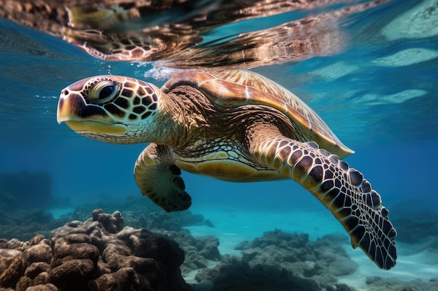 Hawaiian Green Sea Turtle Chelonia mydas Eine hawaiianische grüne Meeresschildkröte Chelonian mydas schmückt das Rote Meer KI generiert