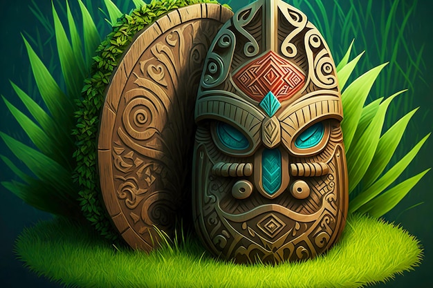 Hawaiianische Idole und Totems Tiki-Maske aus Holz, versteckt im Dickicht des Waldes