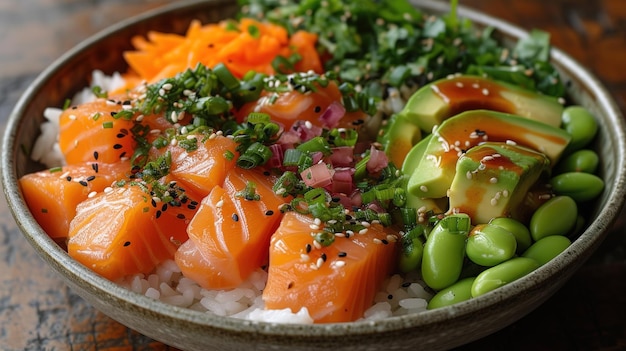 Hawaiianische Lachs-Fisch-Poke-Schüssel mit Reis, Rettich, Gurke und Edamame