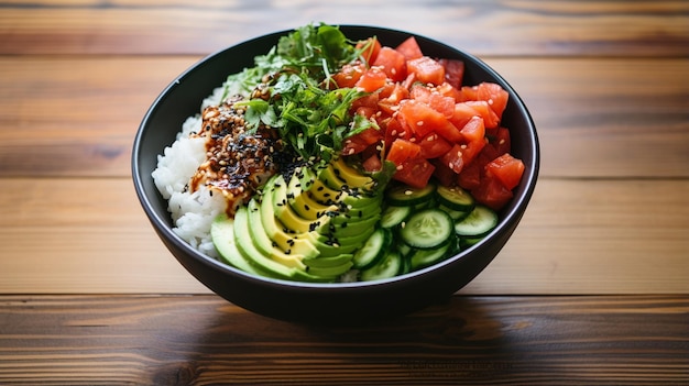 Hawaiianische Lachs-Poke-Schüssel mit Avocado-Gurke und Sesamsamen auf Holzhintergrund