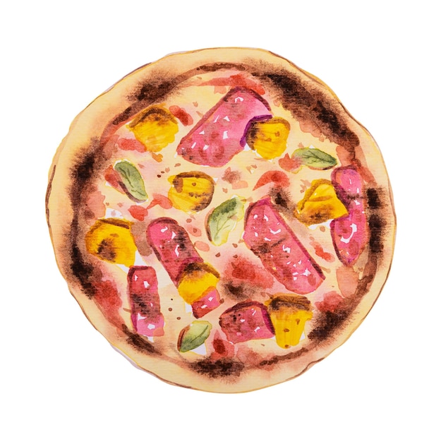 Hawaiianische Pizza mit handgezeichneter AquarellxA