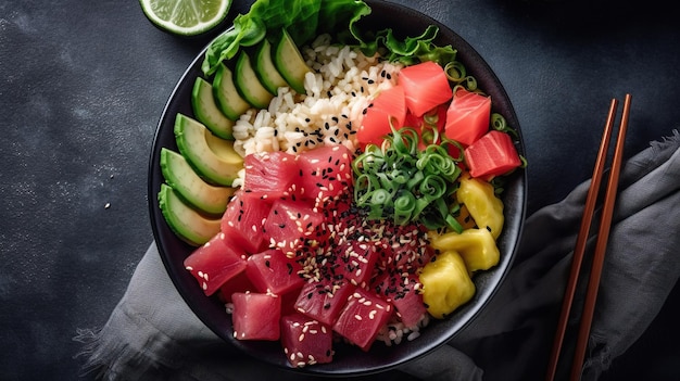 Hawaiianische Poke Bowl mit Thunfisch-Avocado-Reis-Algen und Sesamsamen Generative AI