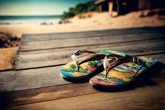 Hawaiianischer Flipflop-Holzboden mit einem verschwommenen tropischen Strand im Hintergrund Reisekonzeptdesign