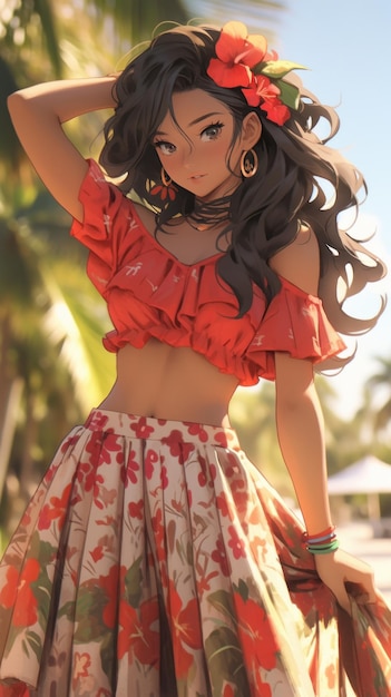 Hawaiianisches junges schönes Mädchen mit einer Blume im Haar, vertikales Banner-Poster im Anime-Stil