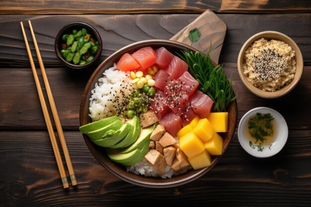 Foto hawaiianisches poke-bowl-essen, saucengericht, generieren von ai