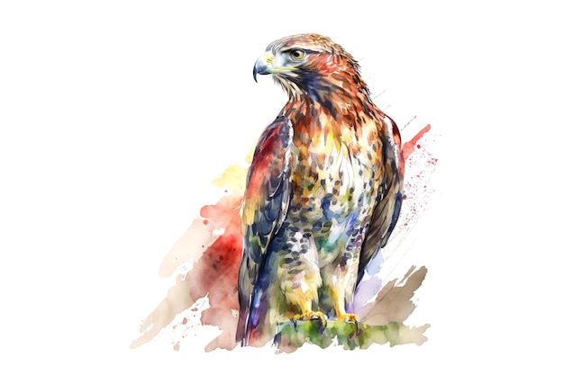 Hawk mit mehrfarbigen Aquarellen gezeichnet, die auf einem weißen Hintergrund isoliert sind. Generiert von AI