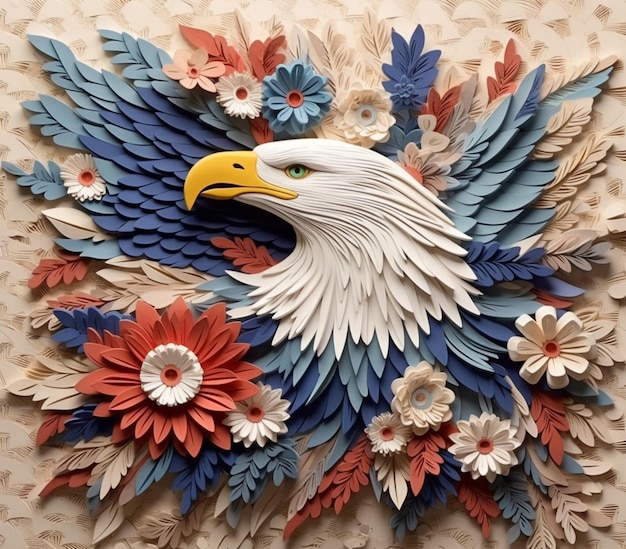 Foto hay un águila cortada en papel con flores y hojas ai generativo