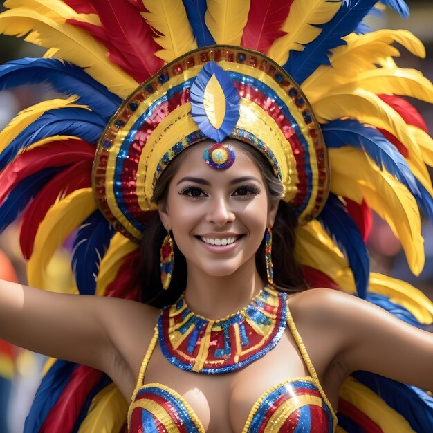Hay algo especial y único en una hermosa mujer colombiana en un disfraz de carnaval Perha