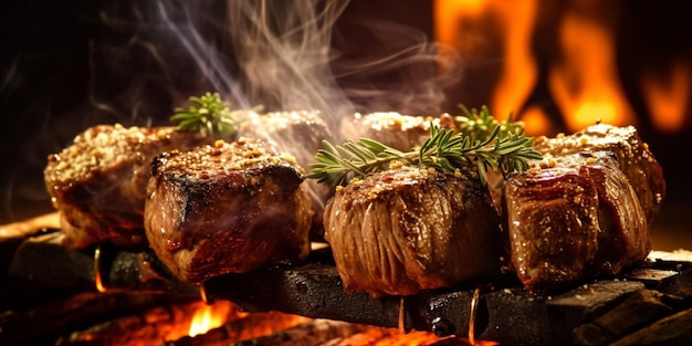 hay algunas carnes cocinando en una parrilla con llamas en el fondo ai generativo