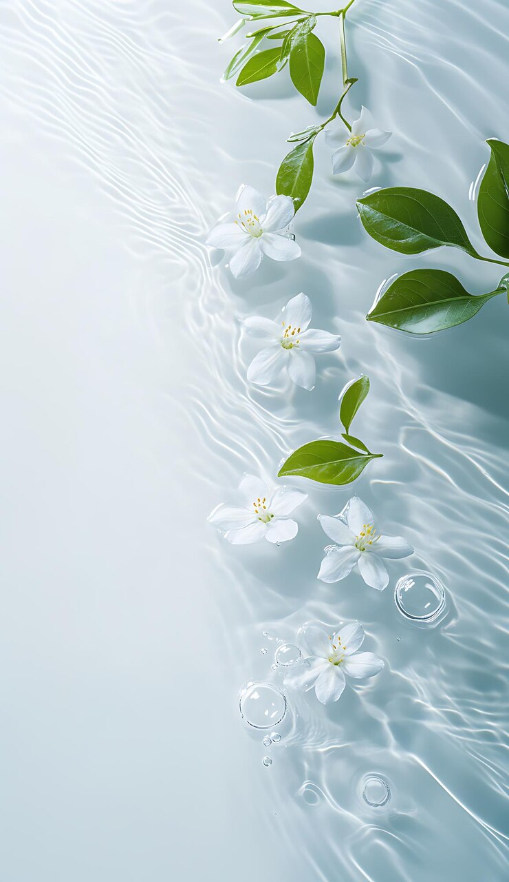 Hay algunas flores blancas flotando en el agua.