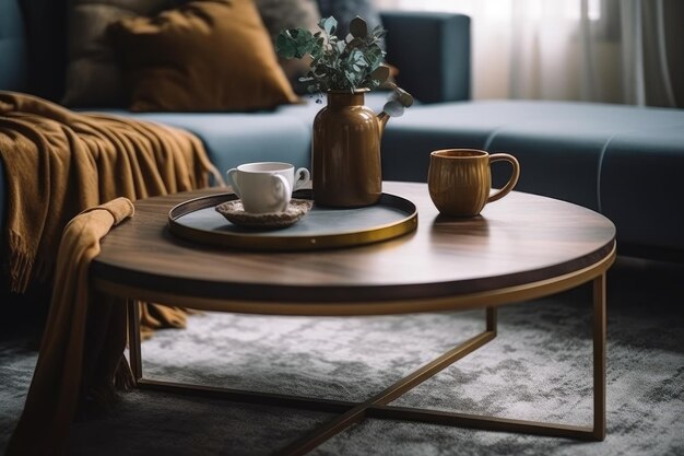 Hay algunos utensilios de taza de té en la mesa de café en la sala de estar